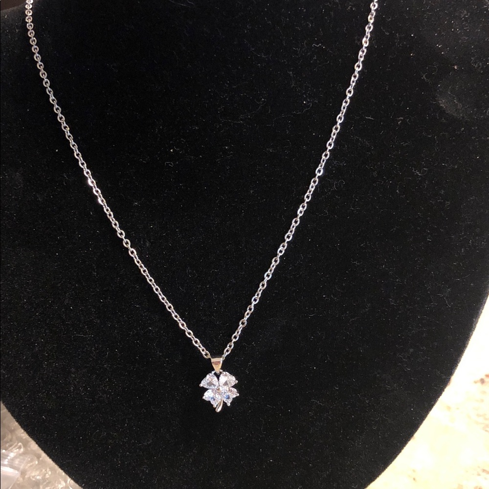 Silver-tone Flower Pendant Necklace  CZ Gemstones